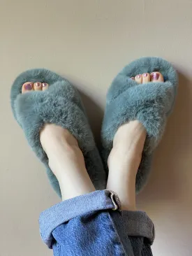 Fuzzy Soft Blue Gray Faux Fur Platform Slippers NWOT - Size 9