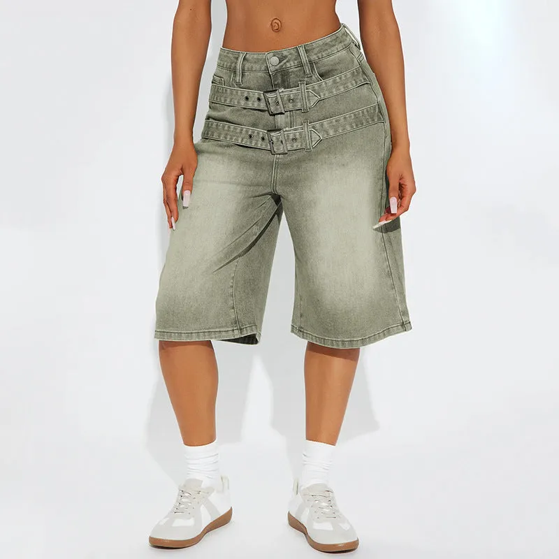 High-Waist Belted Denim Bermuda Shorts