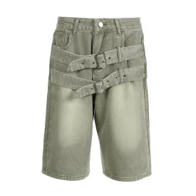 High-Waist Belted Denim Bermuda Shorts